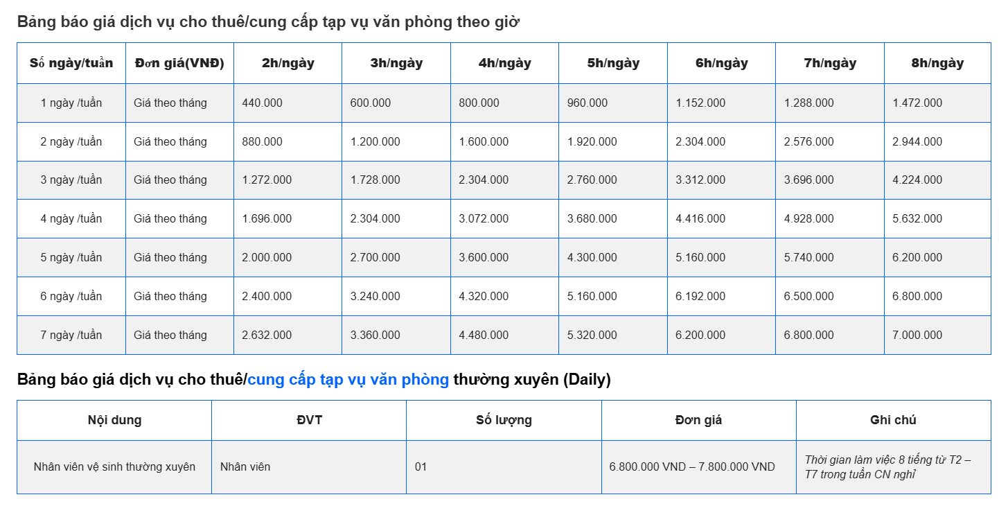 Bảng giá dịch vụ tạp vụ văn phòng Nano Clean Bảng giá dịch vụ tạp vụ văn phòng Nano Clean
