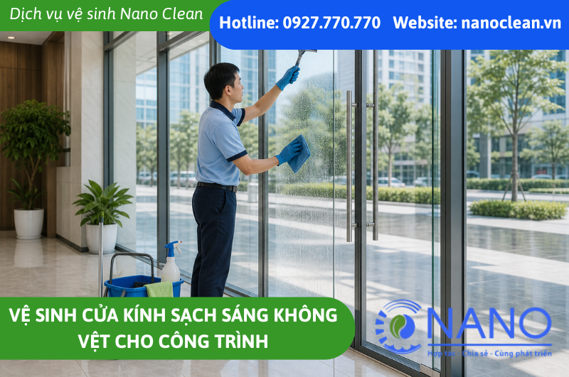 Vệ sinh cửa kính sạch sáng không vệt cho công trình
