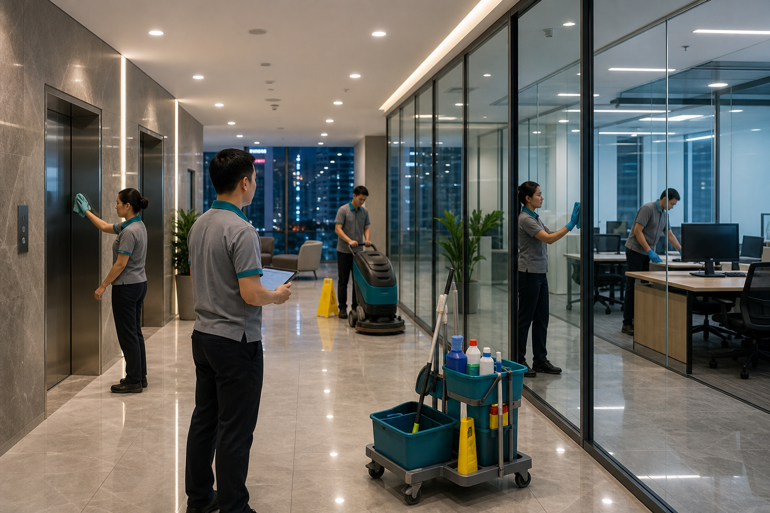 Dịch vụ vệ sinh văn phòng tòa nhà phối hợp thu gom rác