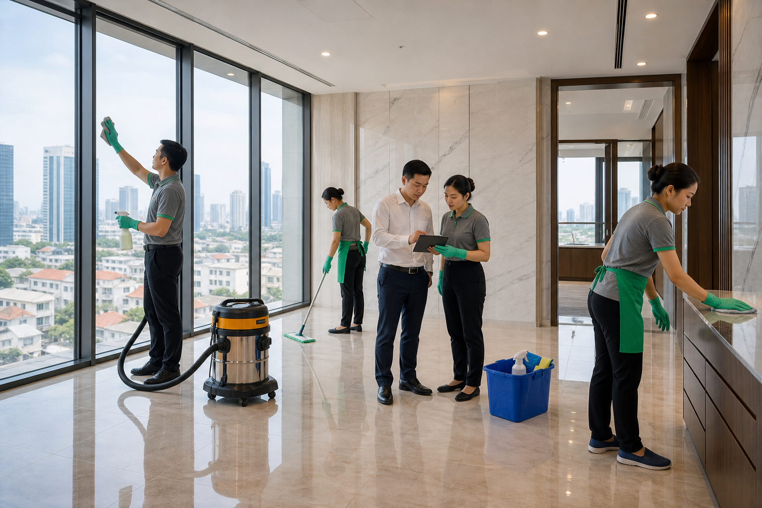 Đội vệ sinh công trình xây dựng kiểm tra hiện trạng trước bàn giao