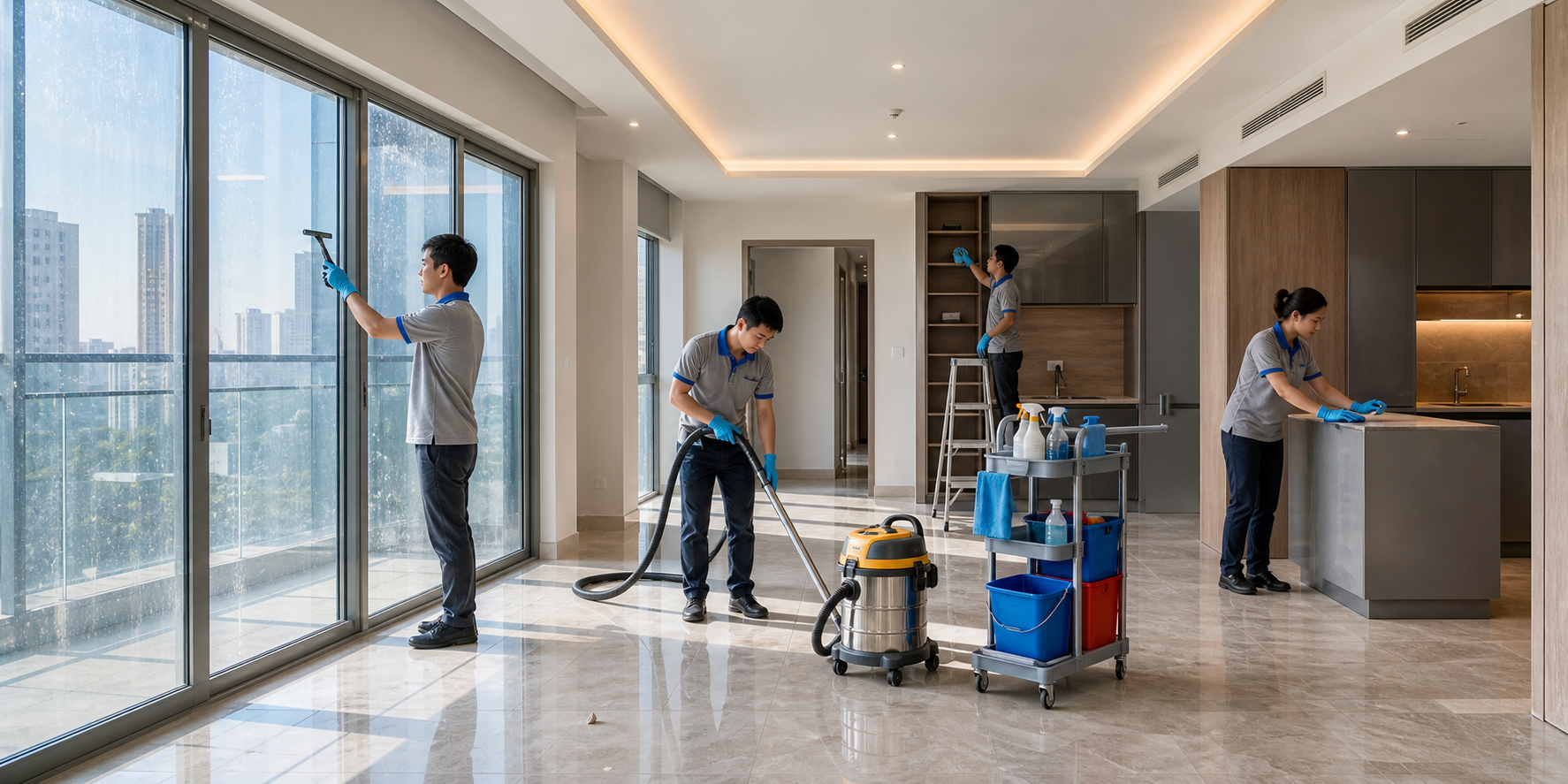 Vệ sinh sau xây dựng bằng máy móc và dụng cụ chuyên dụng