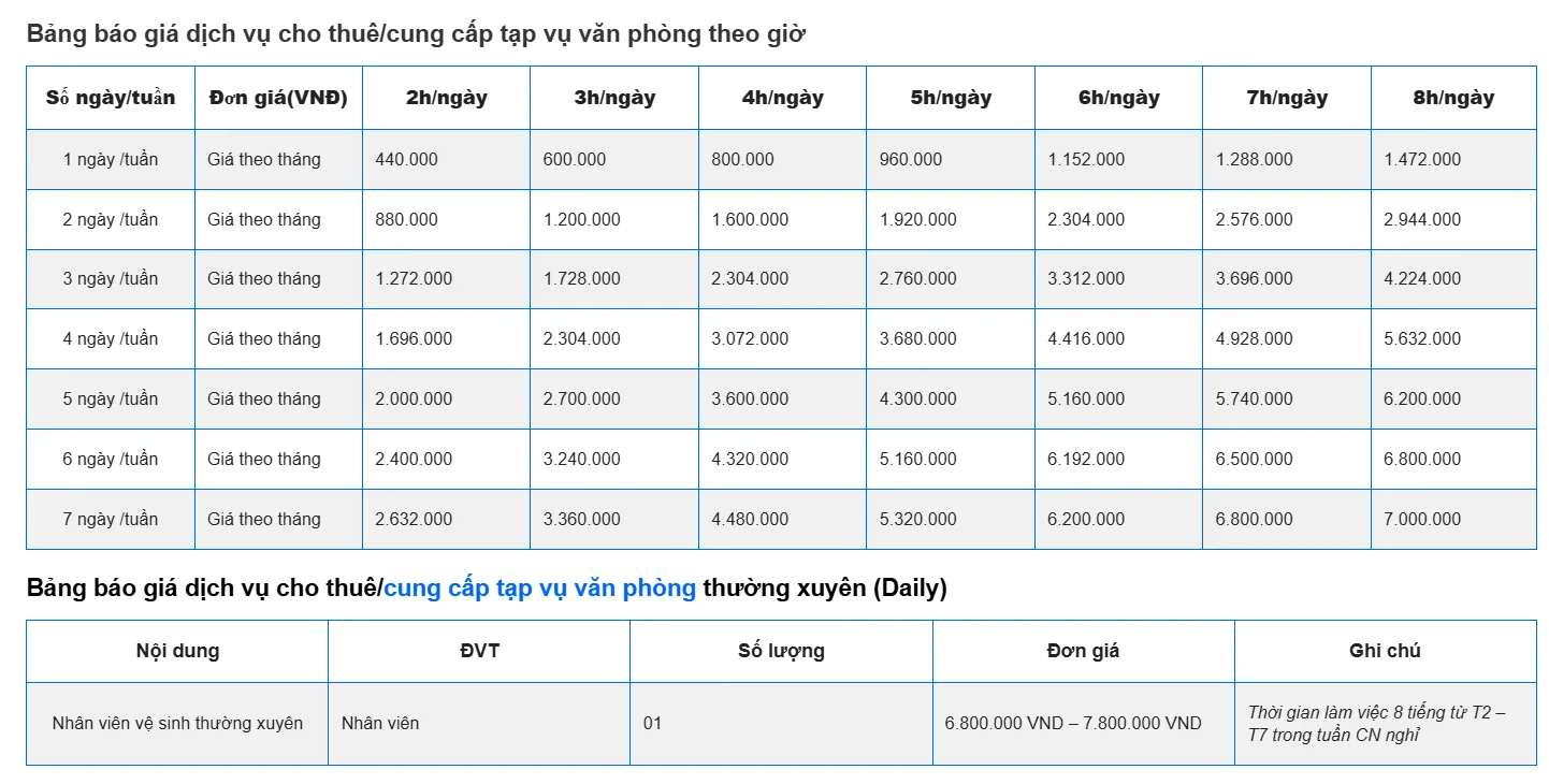 Bảng giá dịch vụ tạp vụ văn phòng Nano Clean Bảng giá dịch vụ tạp vụ văn phòng Nano Clean