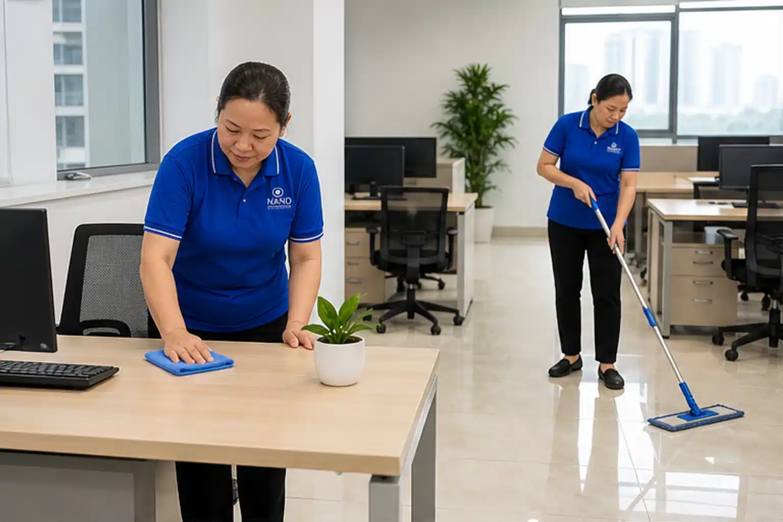 Hai nhân viên vệ sinh phối hợp làm sạch bàn và sàn trong văn phòng