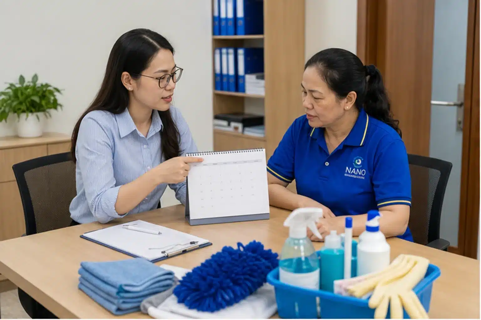 Nhân sự hành chính trao đổi lịch vệ sinh tháng với nhân viên Nano Clean