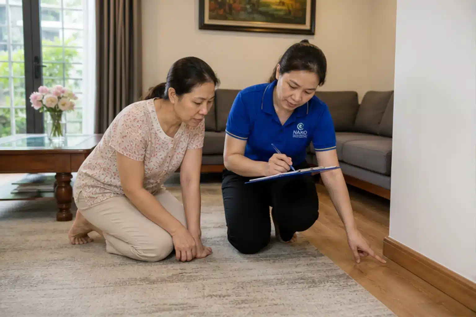 Nhân viên khảo sát cùng chủ nhà kiểm tra sàn gỗ và thảm phòng khách