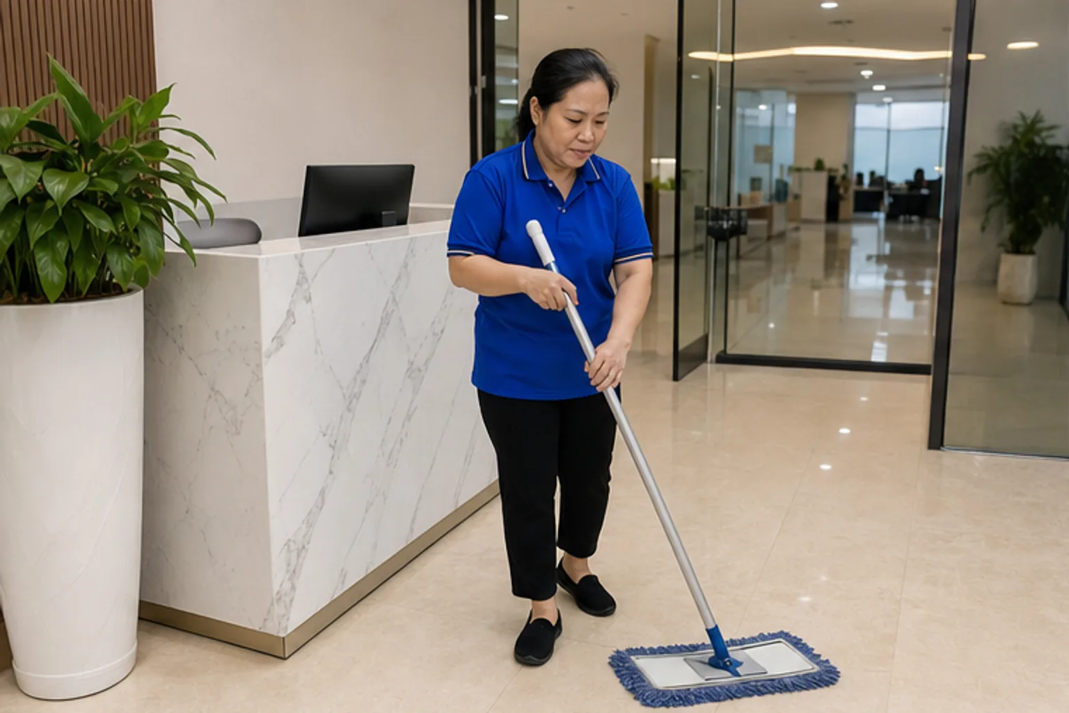 Nhân viên vệ sinh áo xanh đang làm sạch sảnh văn phòng vào đầu giờ