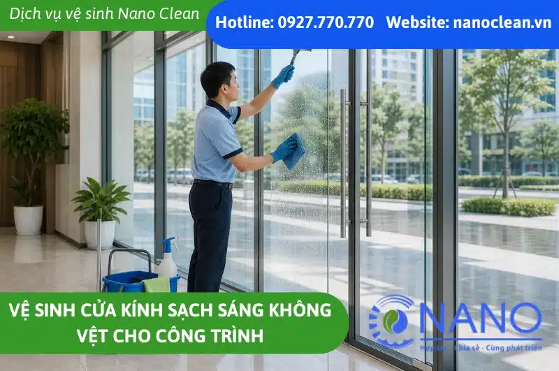Vệ sinh cửa kính sạch sáng không vệt cho công trình