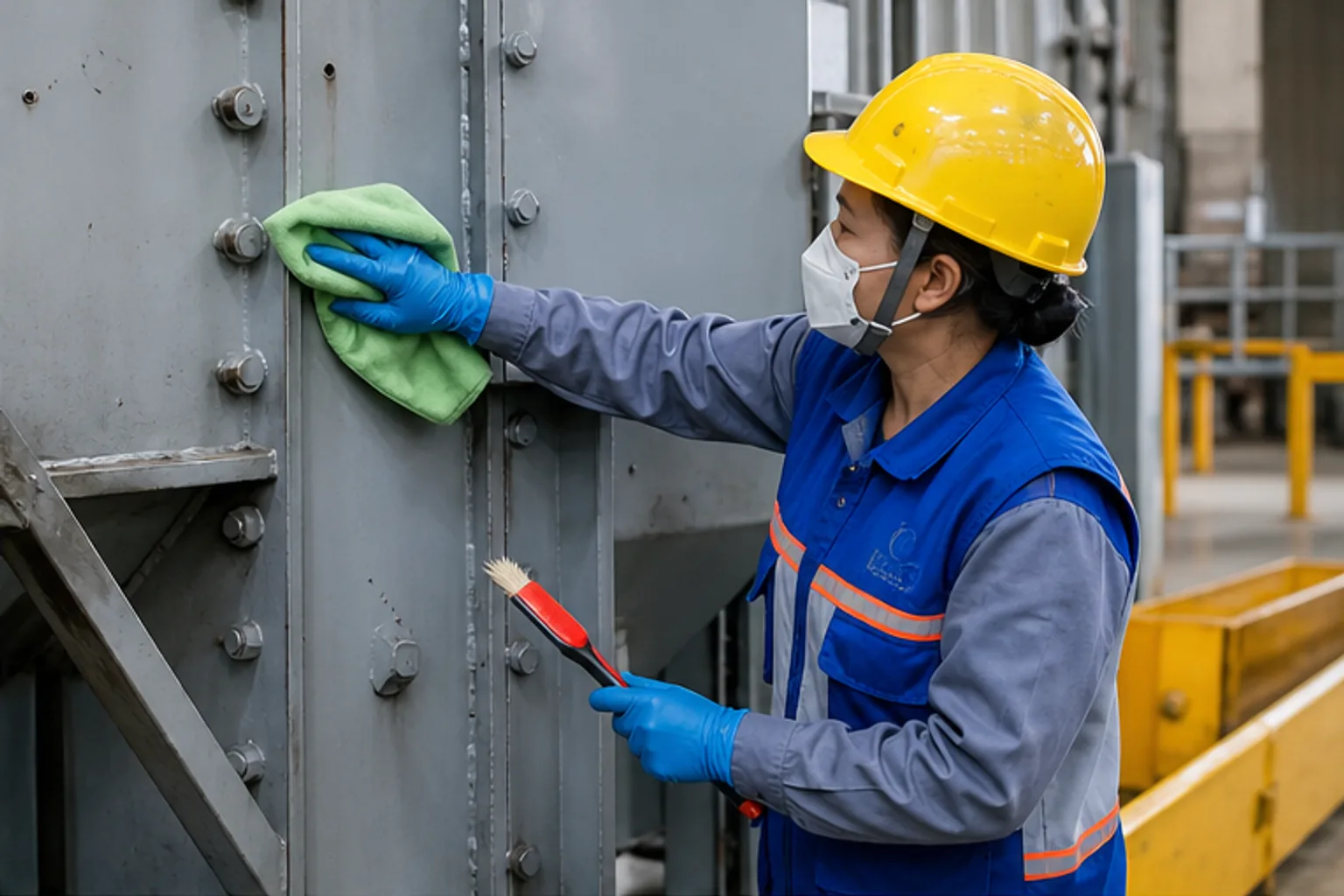 Nhân viên vệ sinh nhà xưởng chọn dụng cụ theo bề mặt thiết bị