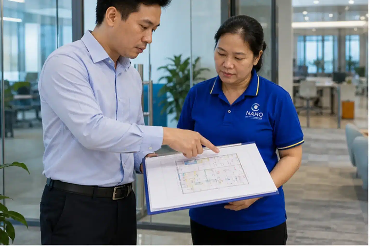 Quản lý và nhân viên vệ sinh rà soát phạm vi công việc tại văn phòng