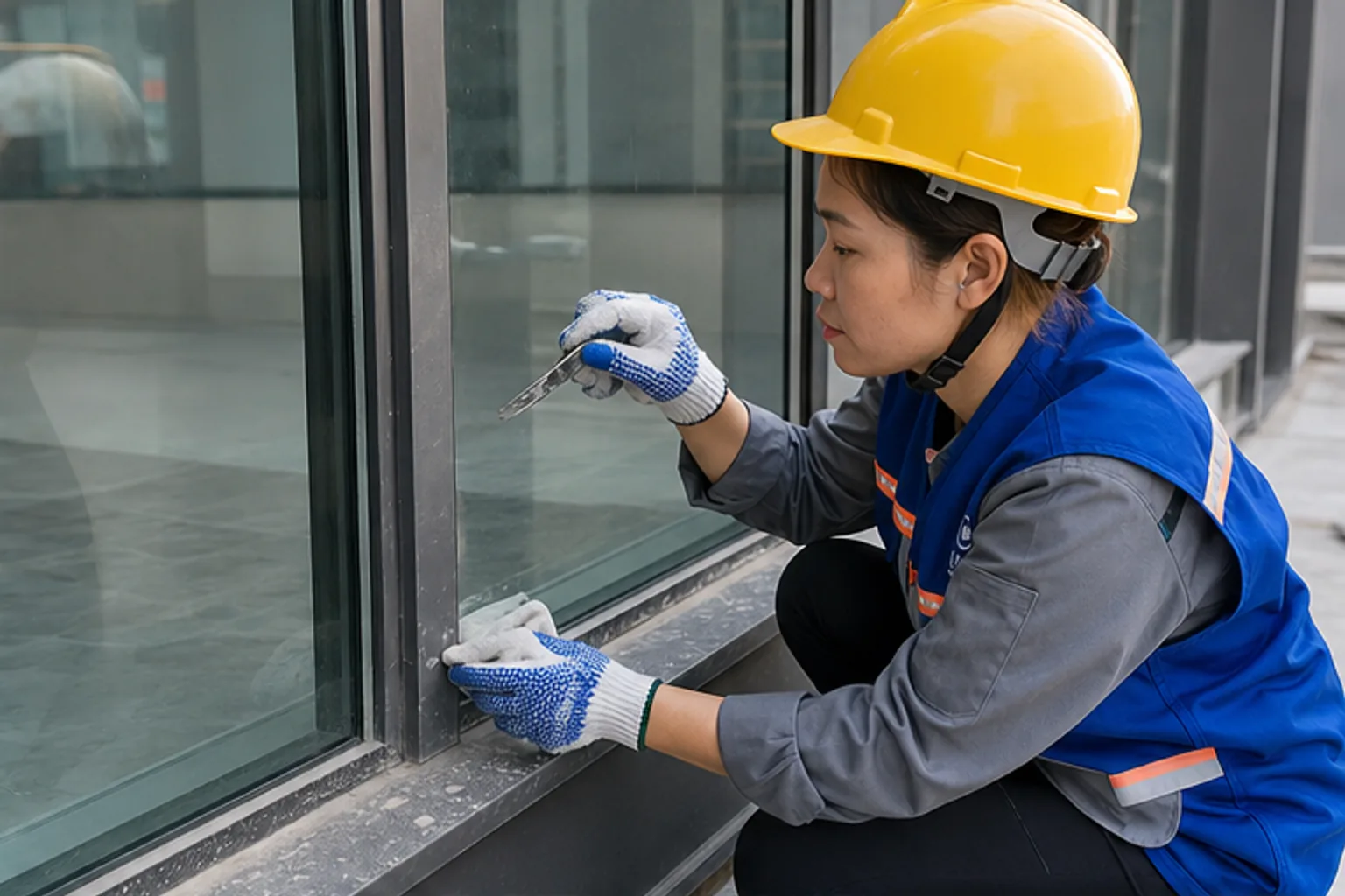 Vệ sinh nhà máy trước khi nghiệm thu: nhân viên kiểm tra vệt keo và bụi mịn trên kính công trình