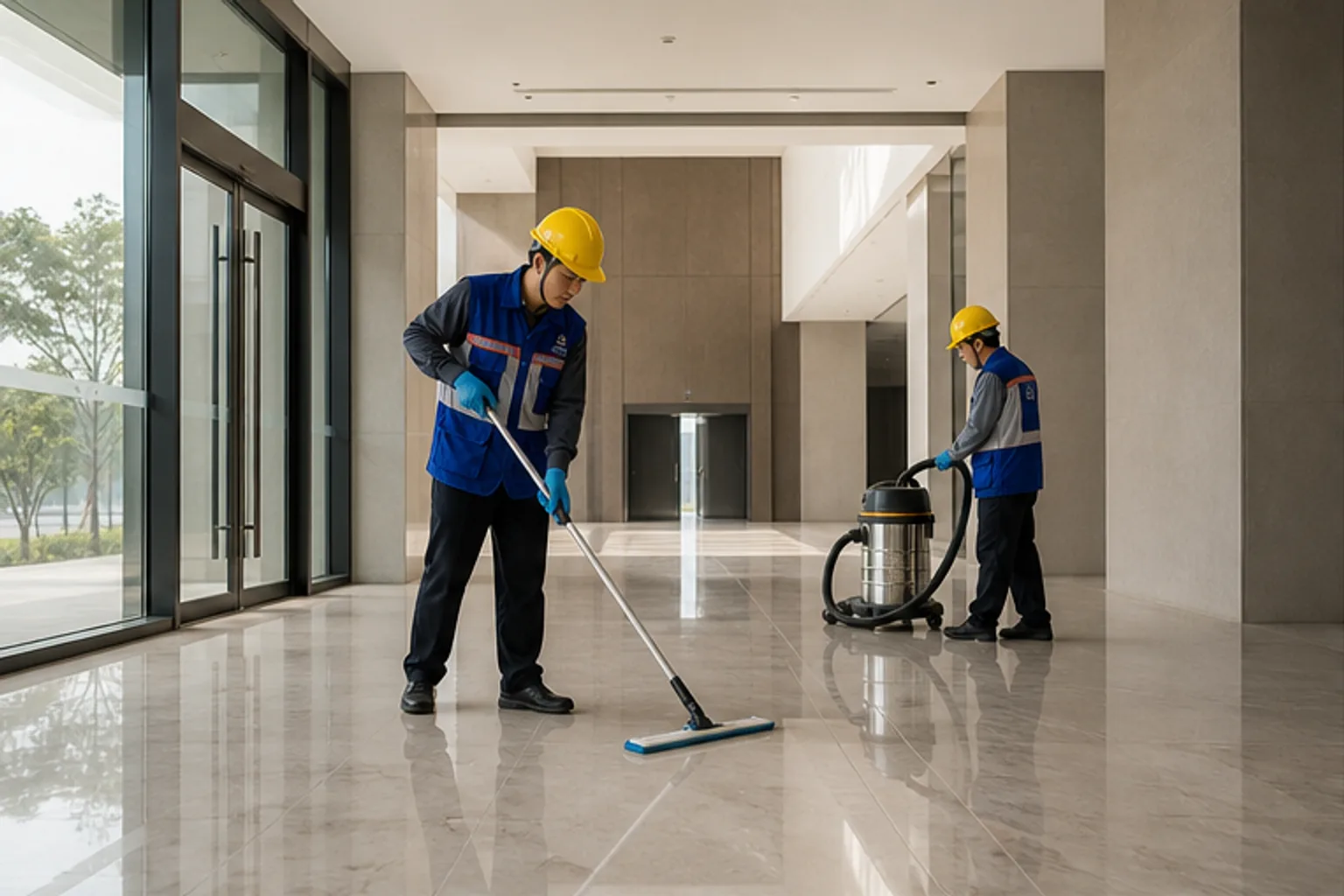 Đội vệ sinh công nghiệp xử lý khu vực mới hoàn thiện sau xây dựng