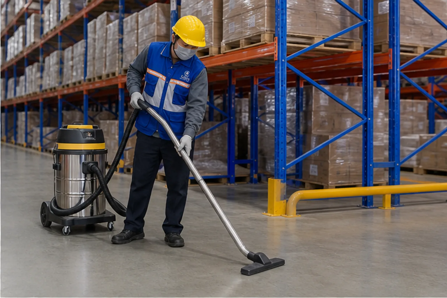 Nhân viên hút bụi sàn kho hàng cạnh dãy pallet