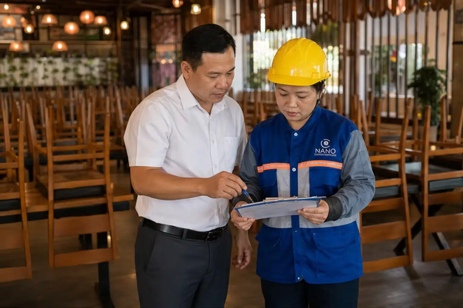 Quản lý nhà hàng cùng nhân viên Nano Clean rà tuyến vệ sinh sau ca tối