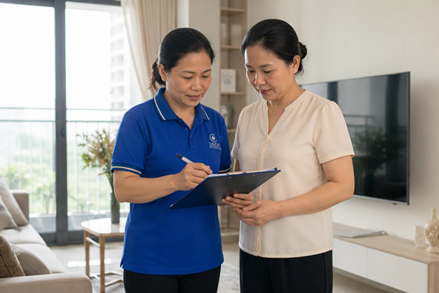 Chủ nhà cùng nhân viên tư vấn rà soát phạm vi vệ sinh từng phòng