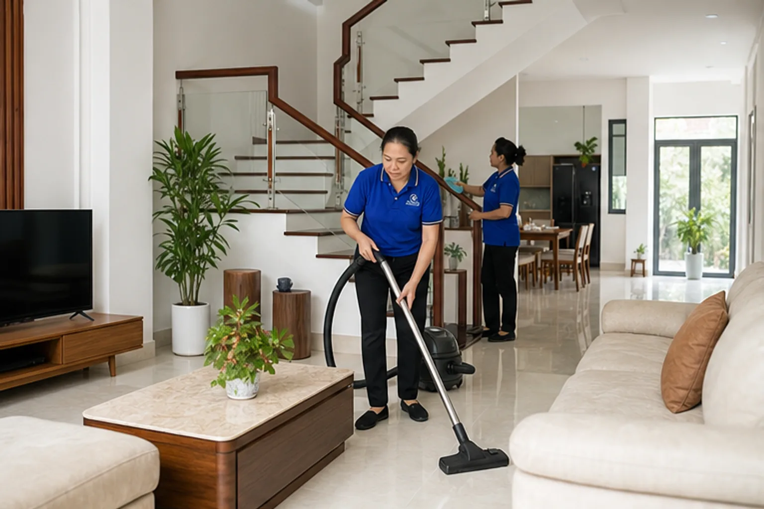Nhân viên vệ sinh phòng khách nhà phố bên cạnh cầu thang nhiều tầng