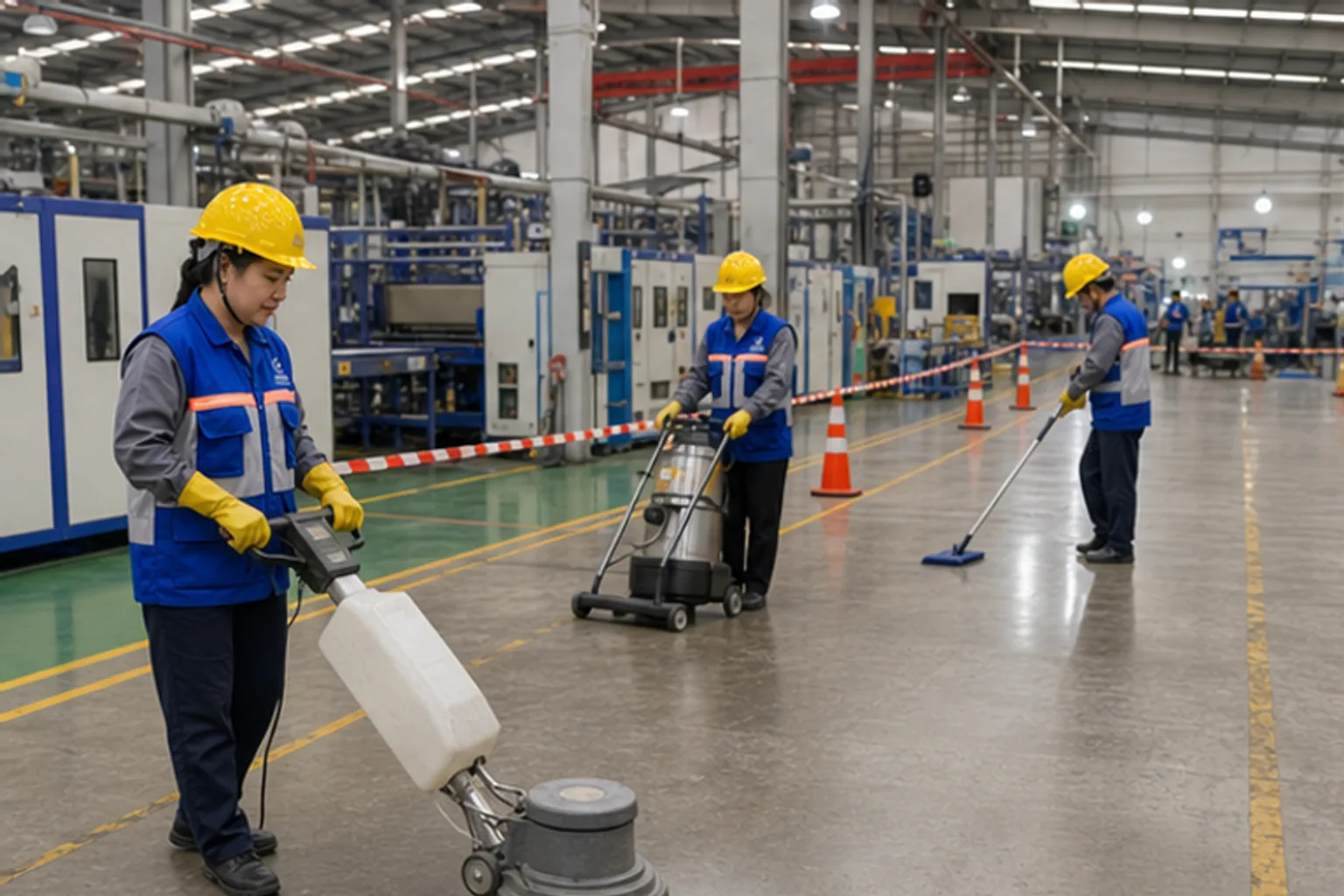 Đội tổng vệ sinh nhà xưởng làm việc trong khu sản xuất
