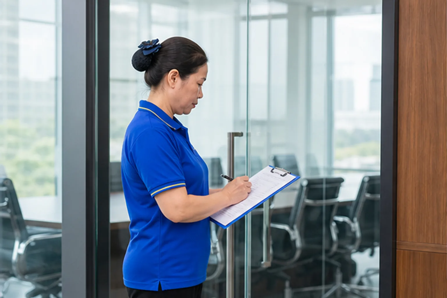 Nhân viên vệ sinh kiểm tra lịch trước cửa phòng họp
