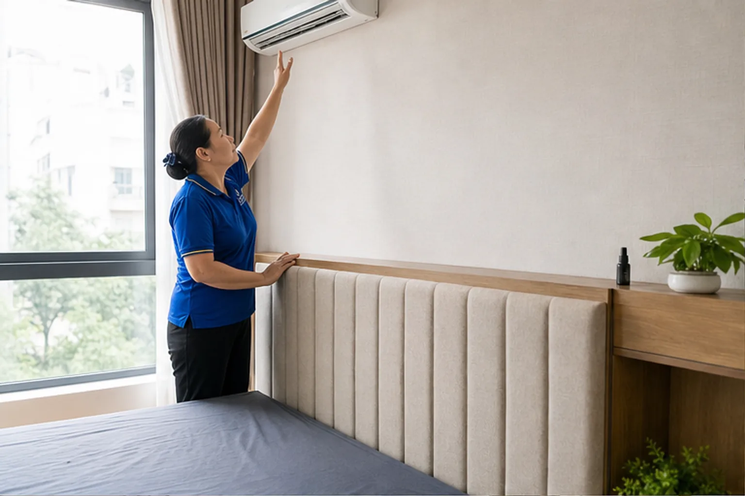Nhân viên kiểm tra đường bụi quanh đầu giường và cửa sổ phòng ngủ
