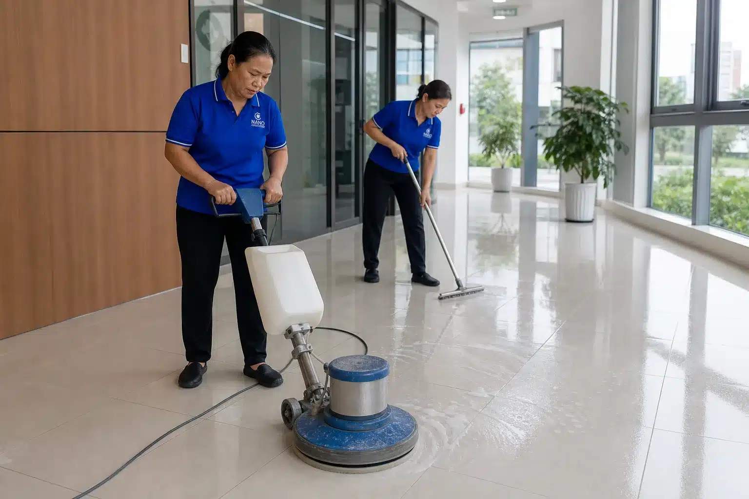 Nhân viên Nano Clean dùng máy chà sàn và cây gạt nước trên nền gạch