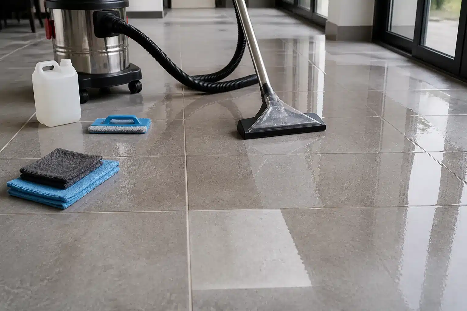 Máy hút nước, bàn chà và khăn lau chuyên dụng trên bề mặt gạch