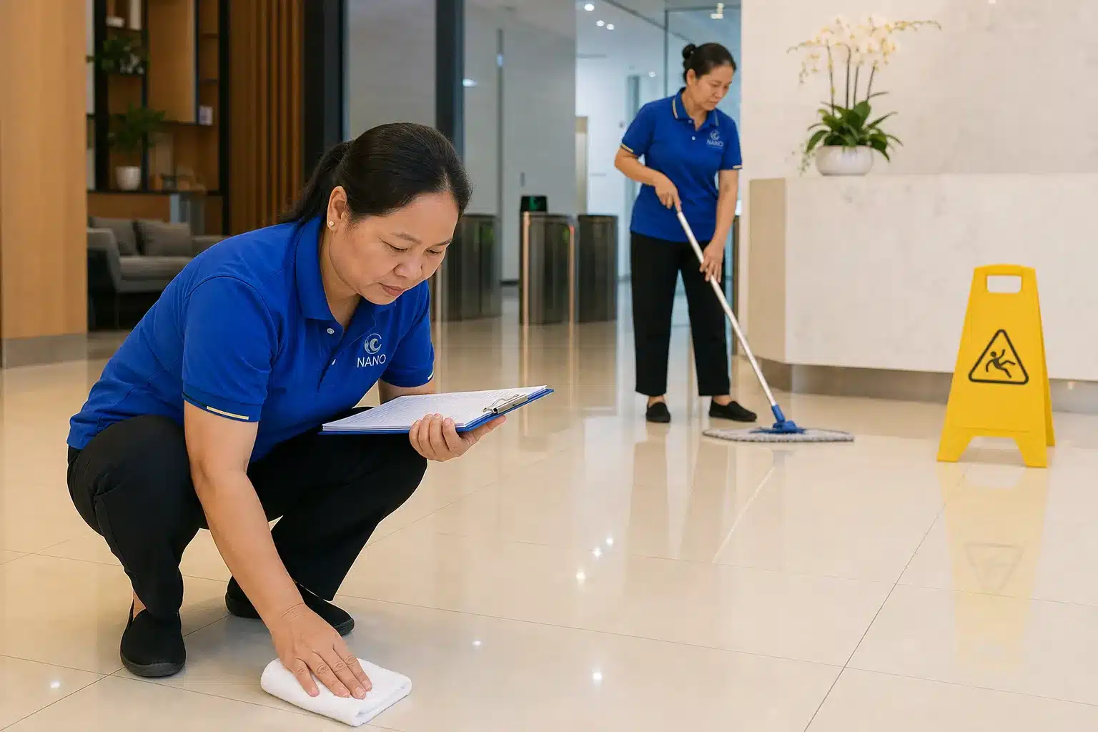 Giám sát Nano Clean kiểm tra bề mặt sàn trong quá trình vệ sinh