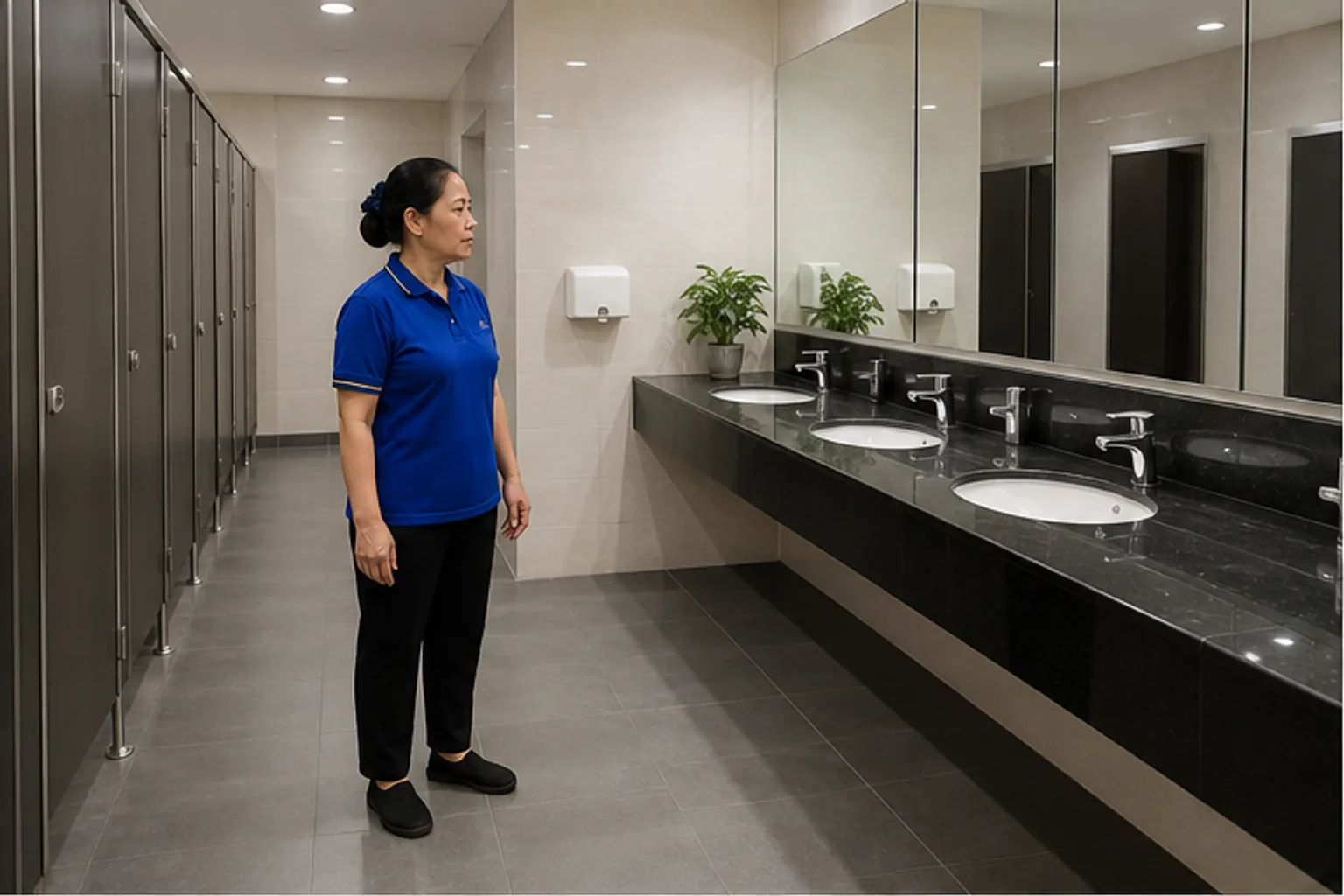 Nhân viên kiểm tra lối vào và khu lavabo của toilet văn phòng