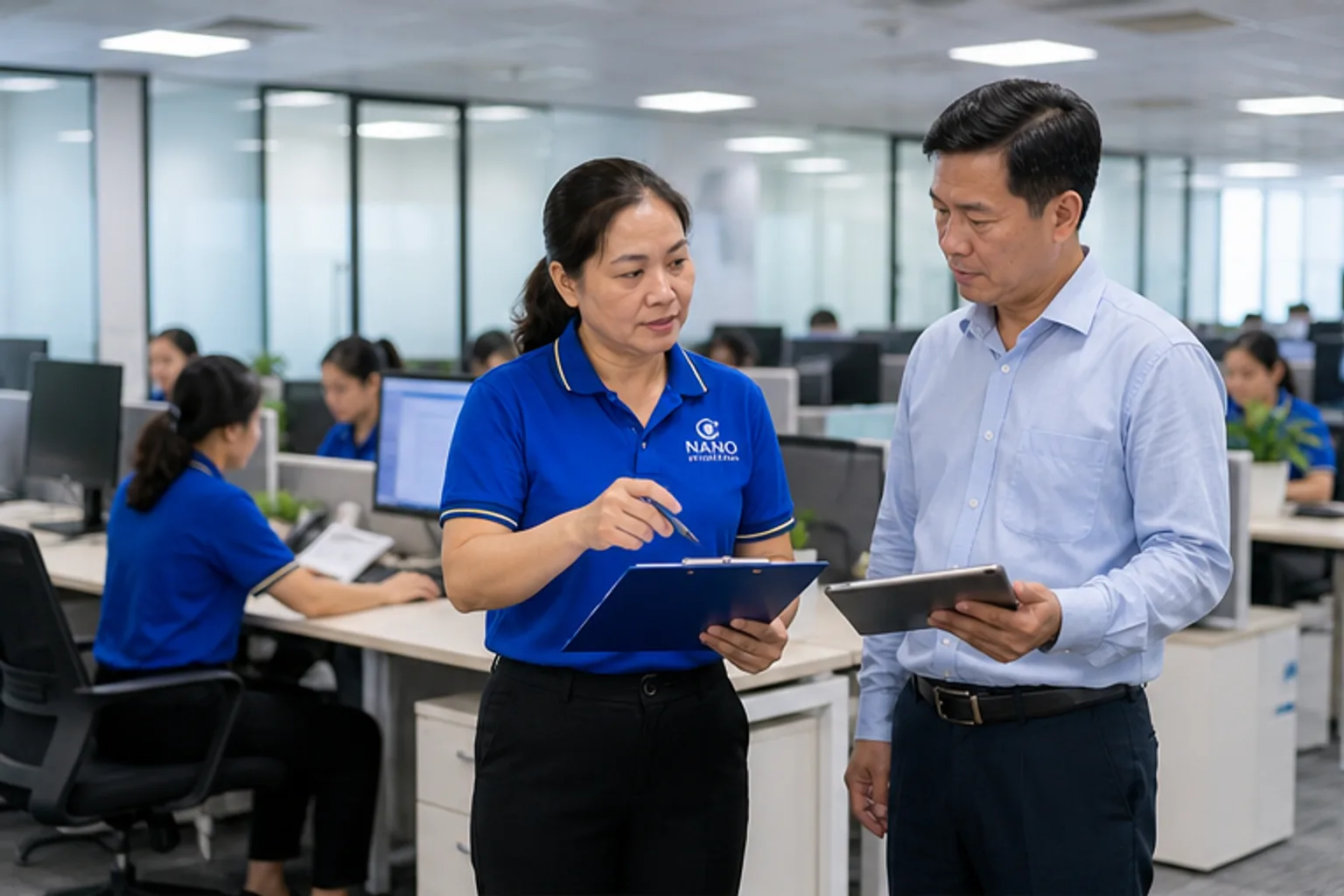 Nhân viên vệ sinh cùng quản lý khảo sát phạm vi tại văn phòng đang hoạt động