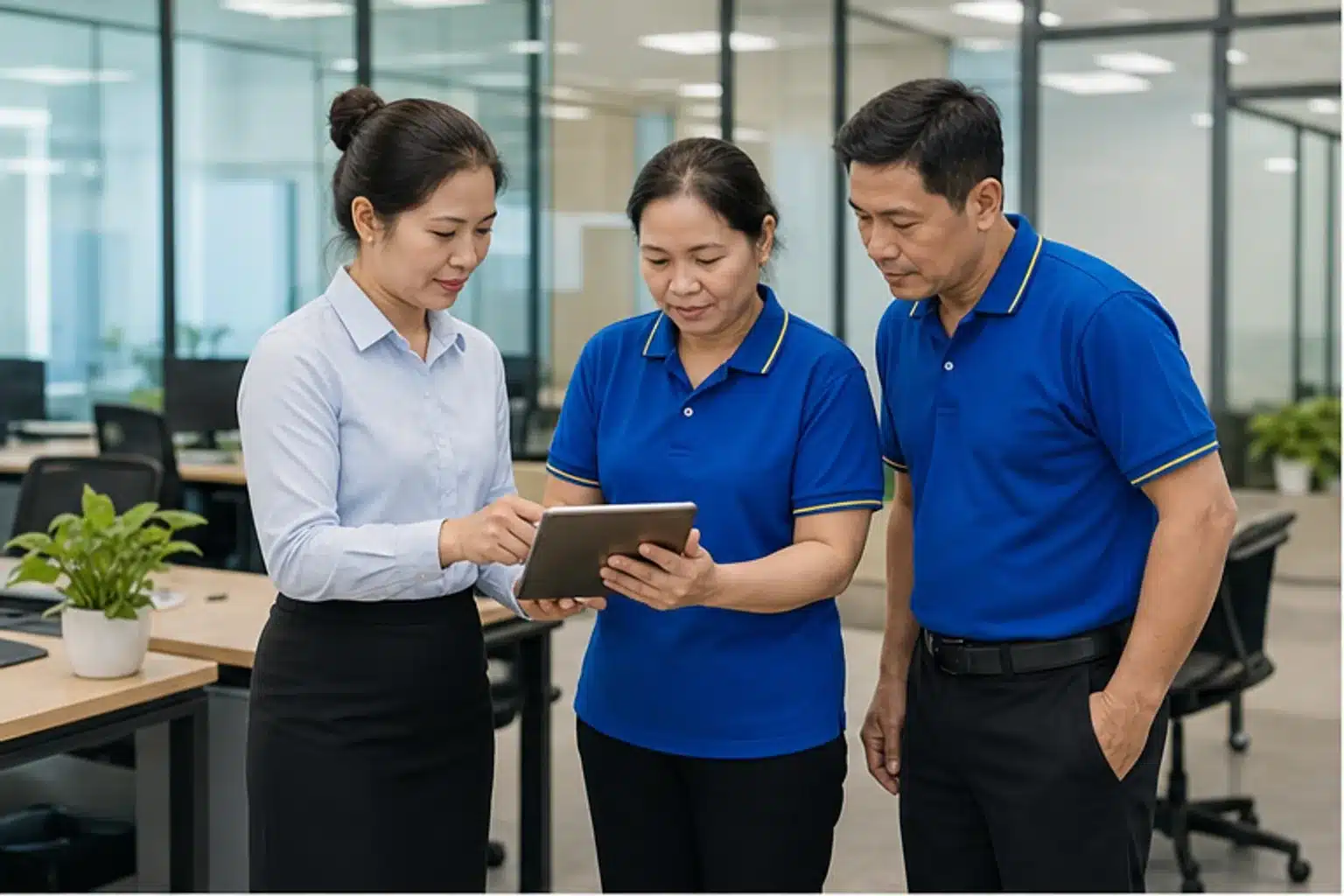 Nhân viên Nano Clean trao đổi phạm vi vệ sinh văn phòng với khách hàng
