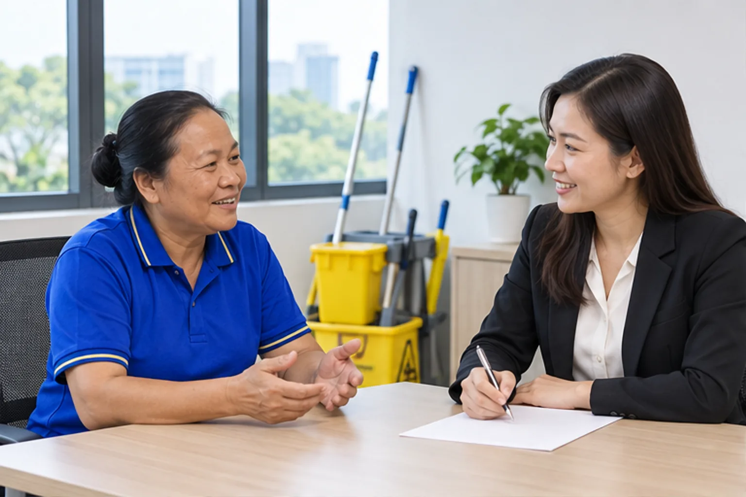 Nhân viên vệ sinh trao đổi yêu cầu phục vụ với người phụ trách văn phòng