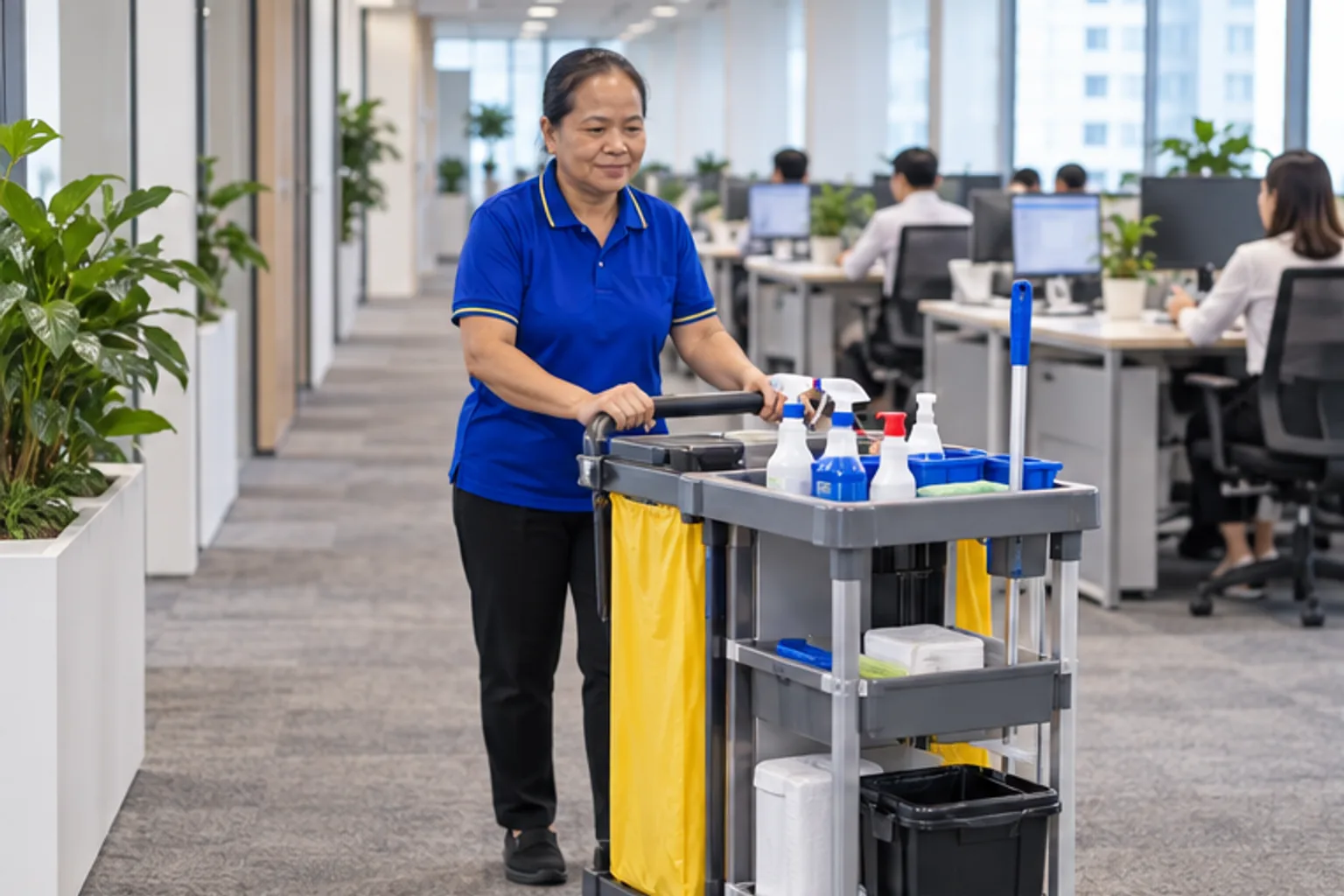 Nhân viên tạp vụ đặt xe dụng cụ ở rìa khu làm việc