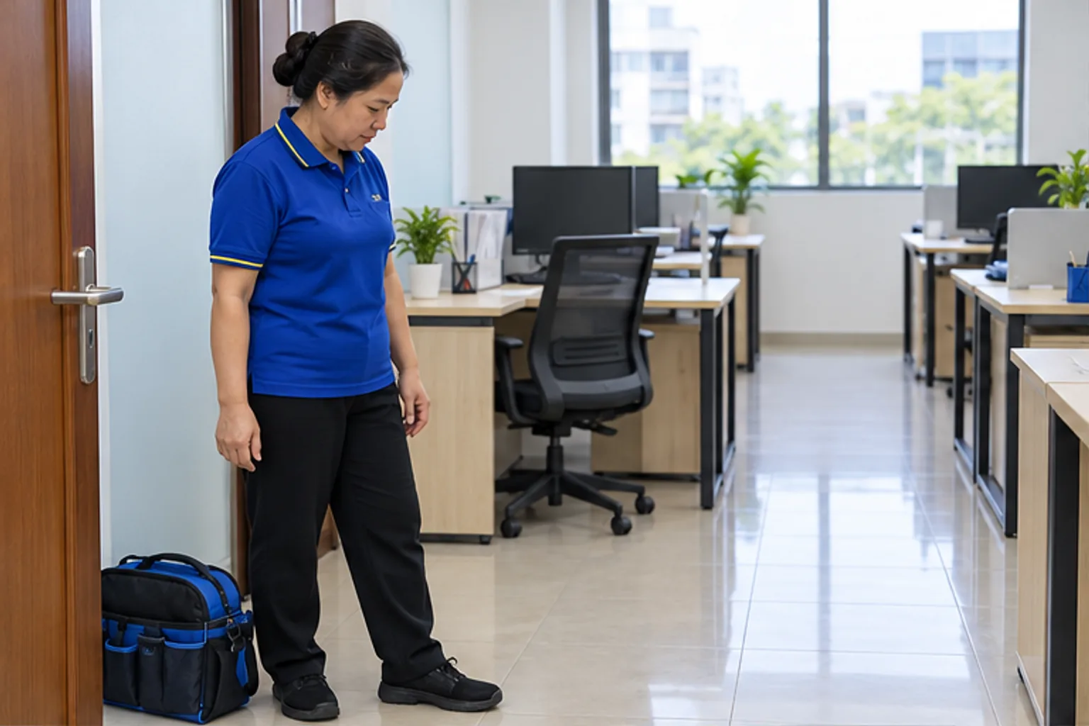 Nhân viên xem khoảng đặt túi dụng cụ trong văn phòng nhỏ
