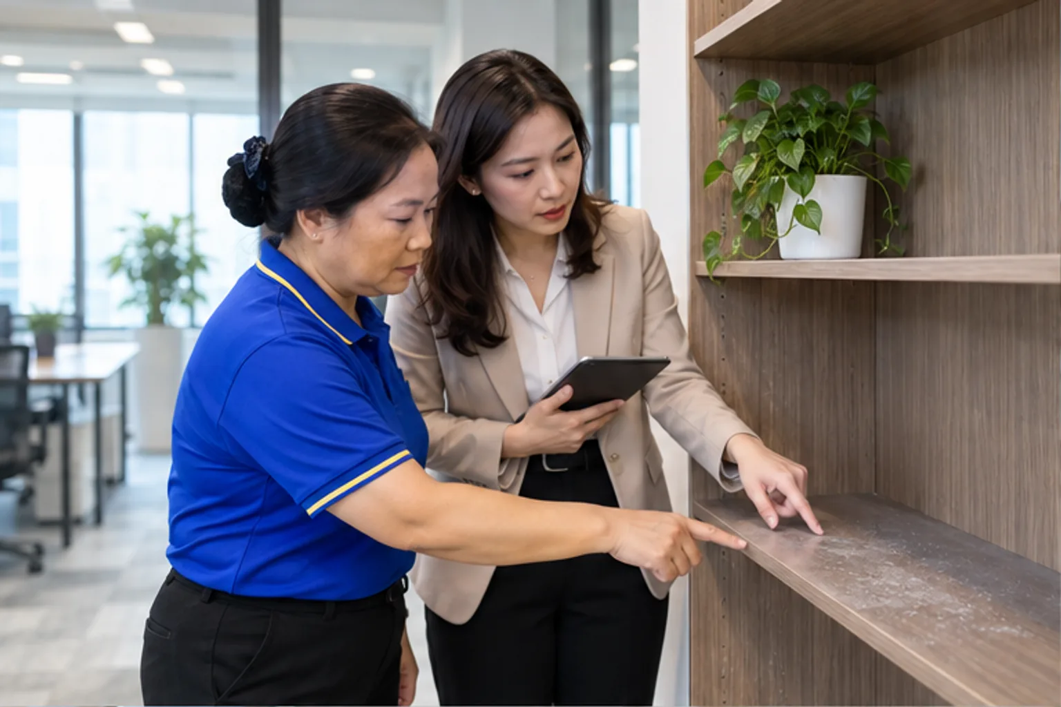 Nhân viên vệ sinh và người phụ trách cùng kiểm tra kệ trống trong văn phòng