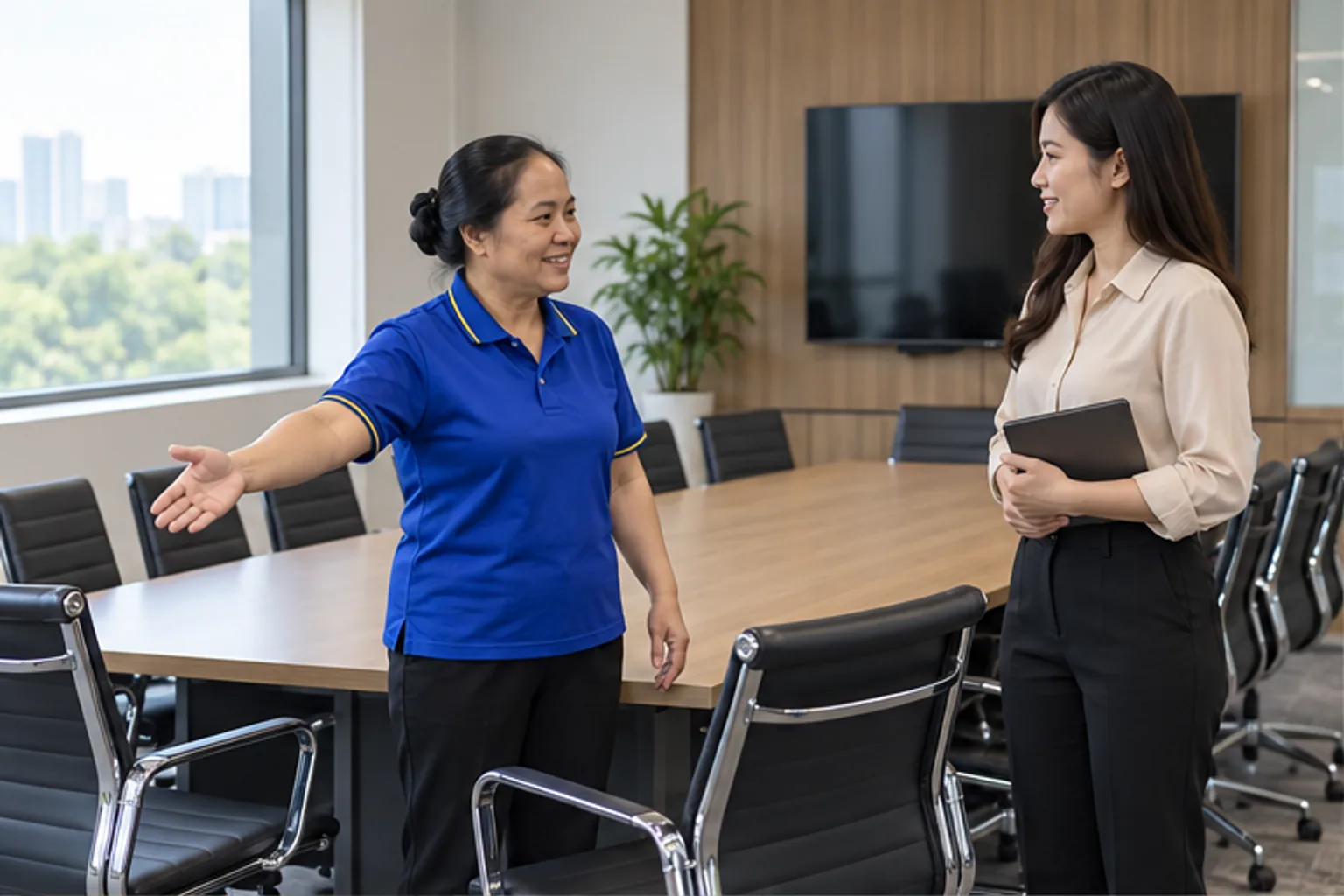 Nhân viên trao đổi cách bố trí bàn ghế trong phòng họp trống