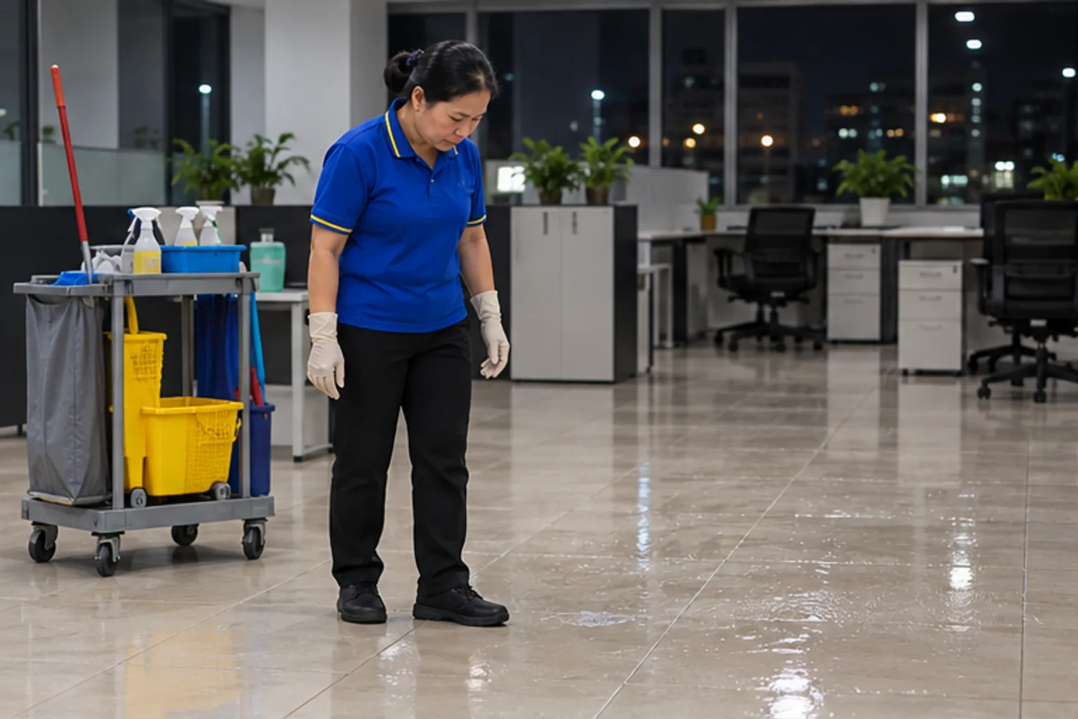 Nhân viên kiểm tra nền văn phòng sau lượt lau buổi tối