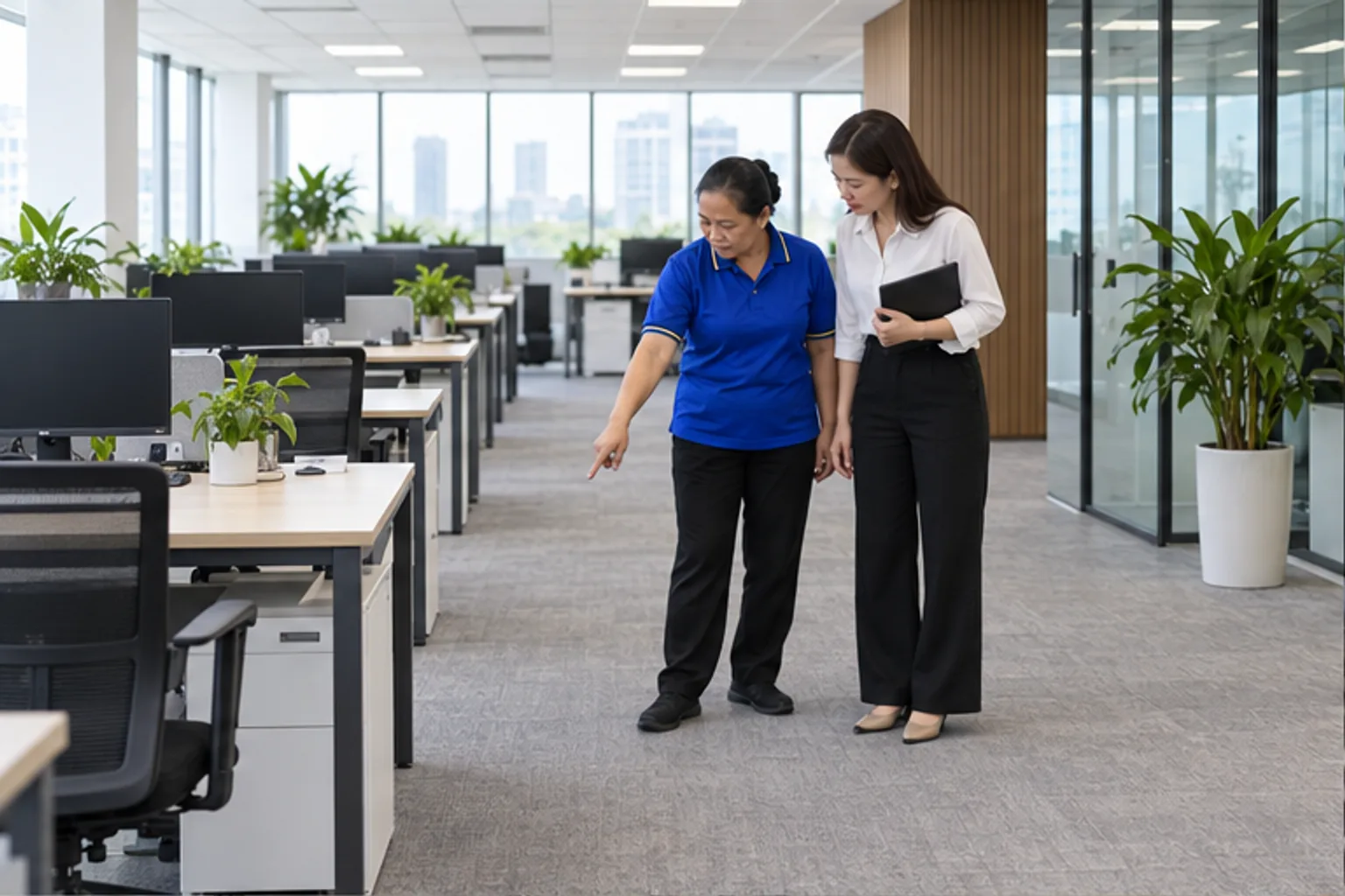 Nhân viên quan sát sàn và cụm bàn trong văn phòng