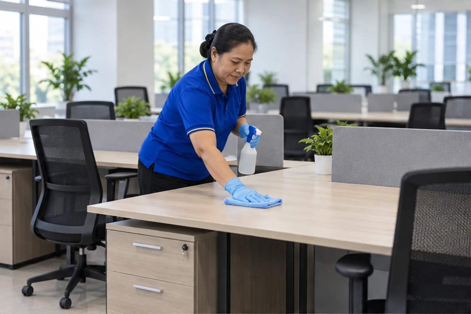 Nhân viên áo xanh lau cụm bàn trong văn phòng có nhiều chỗ ngồi trống