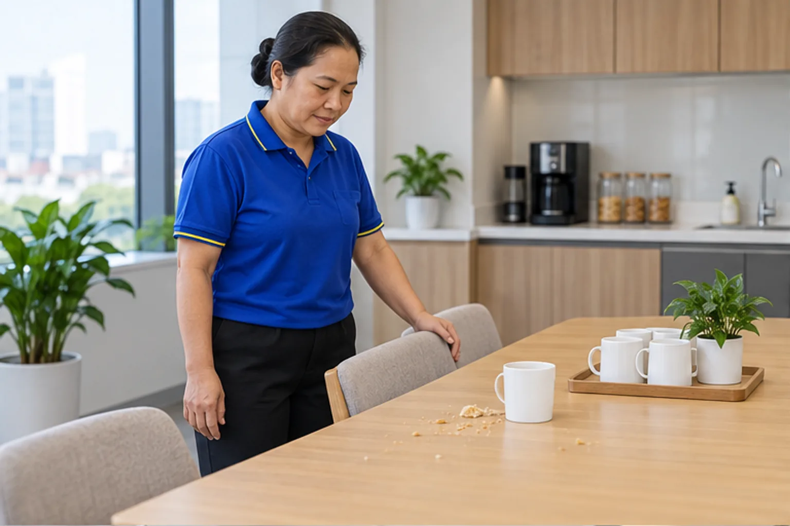 Nhân viên quan sát bàn ăn và khay cốc trong khu pantry văn phòng