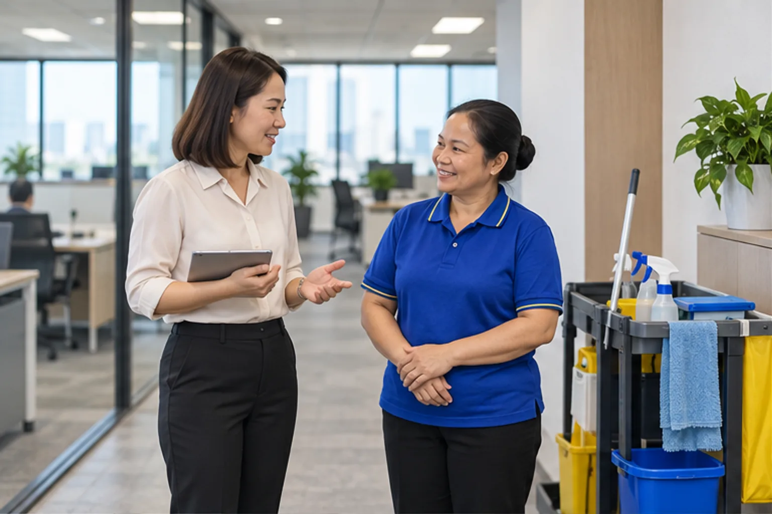 Đại diện văn phòng trao đổi công việc với người quản lý đội vệ sinh